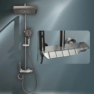 ruhe drizzle 4-in-1 piano powder coating shower panel system complete set includes powder coated overhead shower multi flow hand shower with health faucet required pressure pump