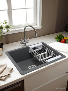 ruhe quartz single bowl  24x18x9 inches kitchen sink  smoke grey matte finish  quartz single bowl 24x18x9 inches kitchen sink smoke grey matte finish vessel sink smoke grey anti- discoloring  fade proof color uv proctected