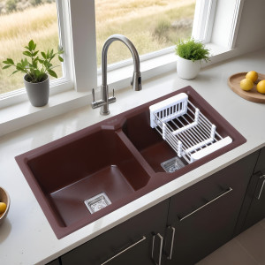 ruhe premium 10mm thick choco brown quartz double bowl kitchen sink 45x20x9 natural choco brown granite stone matt finish drop-in double bowl sink vessel sink choco brown anti- discoloring  fade proof color uv proctected