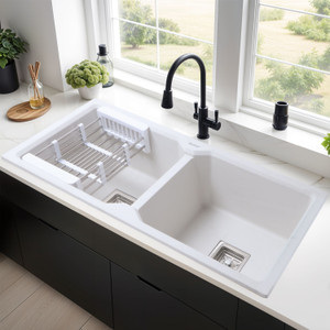 ruhe premium 10mm thick crystal white quartz double bowl kitchen sink 45x20x9 natural crystal white granite stone matt finish drop-in double bowl sink vessel sink crystal white anti- discoloring  fade proof color uv proctected