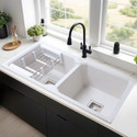 RUHE Premium 10mm Thick Crystal White Quartz Double Bowl Kitchen Sink (45”x20”x9”) Natural Crystal White Granite Stone Matt Finish Drop-In Double Bowl Sink Vessel Sink (Crystal White, Anti- Discoloring & Fade Proof Color, UV 