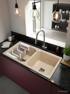 ruhe premium 10mm thick sand choco quartz double bowl kitchen sink 45 x 20 x 9 natural sand choco granite stone matt finish drop-in double bowl sink vessel sink sand choco anti- discoloring  fade proof color uv proctected