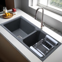 RUHE Premium 10mm Thick Smoke Grey Quartz Double Bowl Kitchen Sink (45”x20”x9”) Natural Smoke Grey Granite Stone Matt Finish Drop-In Double Bowl Sink Vessel Sink