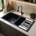 RUHE Quartz Double Bowl |45x20x9 inches| Kitchen Sink| Black Matte Finish | Natural Black Granite Stone Matt Finish Drop-In Double Bowl Sink Vessel Sink (Black, Anti- Discoloring & Fade Proof Color, UV Proctected)