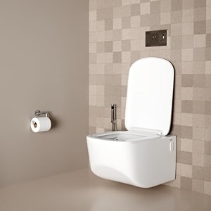 ruhe aura wall-hung rimless western commode with washdown flushing system  p-trap  196 x 135 x 145 inches  ceramic white glossy finish space-saving design  includes soft-close seat cover