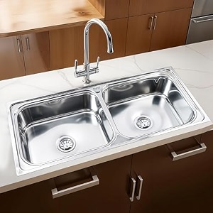 ruhe square double bowl 45 x 20 x 9 inches kitchen sink  304-grade stainless steel square double bowl kitchen sink  glossy finish  included 2 sink coupling waste pipe and double bowl connector