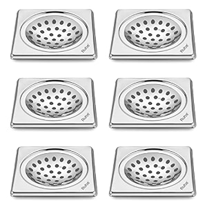 ruhe square neon floor drain 5x5 inch pack of 6  stainless steel floor drainer with hole  heavy duty bathroom kitchen drain cover jali anti rust finish