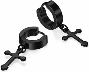 ruhi collection jesus cross black color piercing stainless steel earrings for menwomenboysgirls 2 pcs metal hoop earring