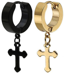ruhi collection jesus cross black  gold color piercing stainless steel earrings for menwomenboysgirls 2 pcs stainless steel hoop earring