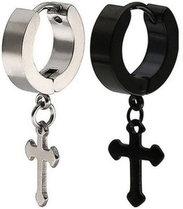 ruhi collection jesus cross black  silver color piercing stainless steel earrings for menwomenboysgirls 2 pcs stainless steel hoop earring