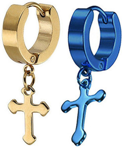 ruhi collection jesus cross blue  gold color piercing stainless steel earrings for menwomenboysgirls 2 pcs stainless steel hoop earring