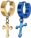 Ruhi Collection Jesus Cross Blue & Gold Color Piercing Stainless Steel Earrings for Men/Women/Boys/Girls (2 Pcs) Stainless Steel Hoop Earring