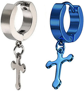 ruhi collection jesus cross blue  silver color piercing stainless steel earrings for menwomenboysgirls 2 pcs metal hoop earring