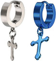 Ruhi Collection Jesus Cross Blue & Silver Color Piercing Stainless Steel Earrings for Men/Women/Boys/Girls (2 Pcs) Metal Hoop Earring