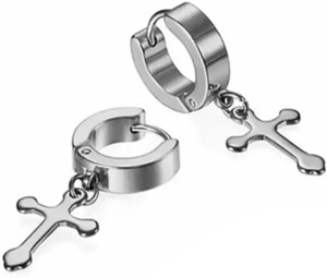 ruhi collection jesus cross silver color piercing stainless steel earrings for menwomenboysgirls 2 pcs metal hoop earring