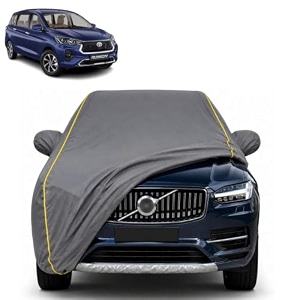 rumion 100 waterproof car cover  dustproof sun protection cover  soft cotton lining  triple stitched  mirror pocket  antenna pocket  all weather body cover grey with yellow piping