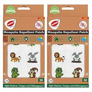 100 natural mosquito repellent cute animal patches for kids - 30 patches - pack of 2 - deet-free - waterproof patches for babies with 24 hrs protection from dengue malaria chikungunya