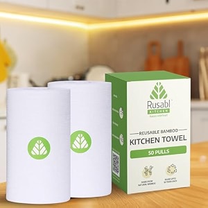 rusabl bamboo kitchen towel roll for cleaning  100 reusable sheets  not a tissue paper roll kitchen cloth  eco-friendly and biodegradable  chlorine-free 1134 x 1234 perforated sheets pack of 2