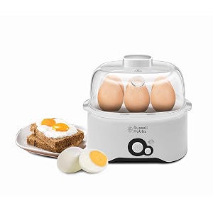 russell hobbs reg300-300 watts fully automatic egg cooker with egg cooking rack 2 poaching pans and measuring cup white with 2 years manufacturer warranty