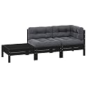 Black Solid Pinewood Modular Garden Lounge Sofa Set of 3 with Weather-Resistant Polyester Cushions for Outdoor Patio Balcony Seating