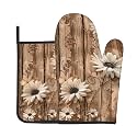 Rustic Daisy Oven Mitts and Pot Holders Sets Floral Butterflies Oven Gloves Heat Resistant Vintage Wood Grain Kitchen Mitts Hot Pads Two Piece Set for Cooking Baking Grilling BBQ