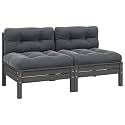 2-Seater Garden Sofa 2 Pack Grey Solid Pine Wood with Polyester Cushions, Modern Outdoor Furniture for Patio Terrace Balcony, Durable Weather-Resistant Construction,