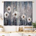 Rustic Teal Wooden Daisy Kitchen Curtains Farmhouse Flower Barn Plant Small Short Cafe Window Curtains Floral Butterfly Bathroom Window Drapes Treatment Tier Curtains 2 Panels (27.5x39 Inch)