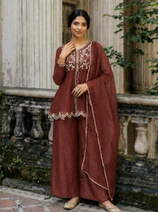 RUTABO Embroidered Kurta Palazzo Dupatta Set