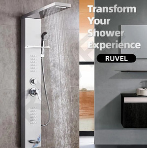 ruvel shower panel - reyn with 5 water functions stainless steel grade 304 with top rainfall water outlet waterfall outlet silver glossy