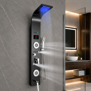 ruvel shower panel - sayflow with hydropowered led light  digital display  6 water functions with top rainfall water outlet waterfall outlet stainless steel