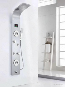 ruvel shower panel - sayflow with hydropowered led light  digital display  6 water functions with top rainfall water outlet waterfall outlet stainless steel