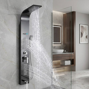 ruvel shower panel - wavera with 5 water function hand shower massage jet tub spout waterfall outlet rainfall water outlet stainless steel