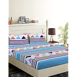 cotton feel glace cotton king size 7834x7234 elastic fitted bedsheet with 2 large pillow covers king blue zig-zak