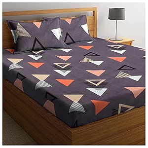 cotton feel glace cotton elastic fitted printed queen size double bed bedsheet with 2 pillow cover 7234x7234x634fits upto 6 inches mattress geomtric yellow180 tc