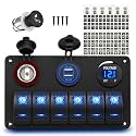 RVBOATPAT 6 Gang Marine Switch Panel Boat Switch Panel Waterproof 12V Rocker Switch Panel Blue LED Lighted with USB Cigarette Lighter Socket Voltmeter