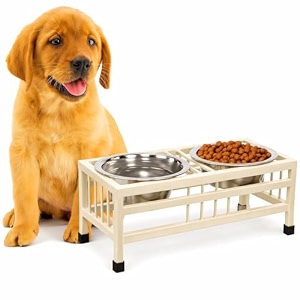 rvpaws dogcat elevated rectangular pet double diner with stainless steel bowls for pets durable food amp water bowls with iron stand cream colour size-small 350ml x 2 bowl
