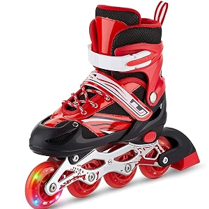 rylan 4 wheels adjustable inline skates for boys girls kids age 6-15 - skating shoes with pu wheels aluminum frame led flash lights pink