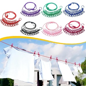 rylan cloth drying rope with hooks pack of 2 elastic cloth hanging rope for cloth drying with 12 clips cloth rope for drying clothes for travel home outdoor kapde sukhane ki rassi wire -multicolor