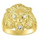 Rylos Lion Head Ring Color Stones Eyes &amp; Diamond Mouth – Fun Designer Rings in Sizes 8-13 in Yellow Gold Plated Silver