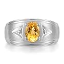 Rylos Men's Rings Classic Design 8X6MM Oval Gemstone &amp; Sparkling Diamond Ring - Color Stone Birthstone Rings for Men, Sterling Silver Rings in Sizes 8-13. Elevate Your Style with Timeless Elegance!