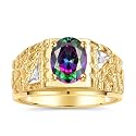 Rylos Men's Rings Designer Nugget Ring: Oval 9X7MM Gemstone &amp; Sparkling Diamonds - Color Stone Birthstone Rings for Men, Yellow Gold Plated Silver Rings in Sizes 8-13. Mens Jewelry