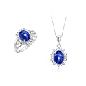 Rylos Women's Sterling Silver Princess Diana Ring &amp; Pendant Set. Gemstone &amp; Diamonds, 9X7MM Birthstone. Matching Friendship Jewelry, Sizes 5-10.