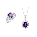 Rylos Women's Sterling Silver Princess Diana Ring &amp; Pendant Set. Gemstone &amp; Diamonds, 9X7MM Birthstone. Matching Friendship Jewelry, Sizes 5-10.
