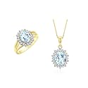 Rylos Women's Yellow Gold Plated Silver Princess Diana Ring &amp; Pendant Set. Gemstone &amp; Diamonds, 9X7MM Birthstone. Matching Friendship Jewelry, Sizes 5-10.