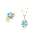Rylos Women's Yellow Gold Plated Silver Princess Diana Ring &amp; Pendant Set. Gemstone &amp; Diamonds, 9X7MM Birthstone. Matching Friendship Jewelry, Sizes 5-10.