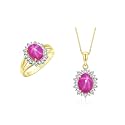 Rylos Women's Yellow Gold Plated Silver Princess Diana Ring &amp; Pendant Set. Gemstone &amp; Diamonds, 9X7MM Birthstone. Matching Friendship Jewelry, Sizes 5-10.