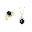 Rylos Women's Yellow Gold Plated Silver Princess Diana Ring &amp; Pendant Set. Gemstone &amp; Diamonds, 9X7MM Birthstone. Matching Friendship Jewelry, Sizes 5-10.