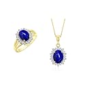Rylos Women's Yellow Gold Plated Silver Princess Diana Ring &amp; Pendant Set. Gemstone &amp; Diamonds, 9X7MM Birthstone. Matching Friendship Jewelry, Sizes 5-10.