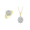 Rylos Women's Yellow Gold Plated Silver Princess Diana Ring &amp; Pendant Set. Gemstone &amp; Diamonds, 9X7MM Birthstone. Matching Friendship Jewelry, Sizes 5-10.