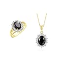 Rylos Women's Yellow Gold Plated Silver Princess Diana Ring &amp; Pendant Set. Gemstone &amp; Diamonds, 9X7MM Birthstone. Matching Friendship Jewelry, Sizes 5-10.